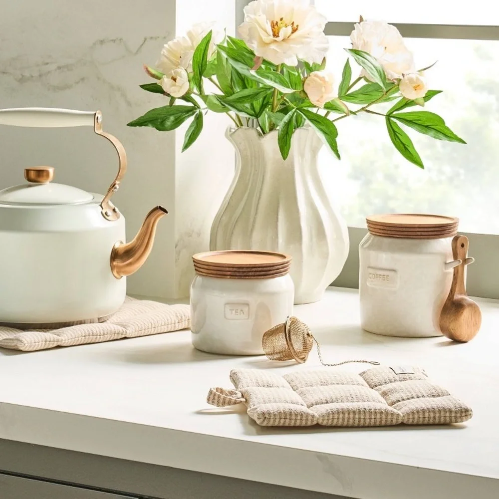 Hearth and Hand Cream Ceramic Coffee Canister with Wooden Lid and Scoop